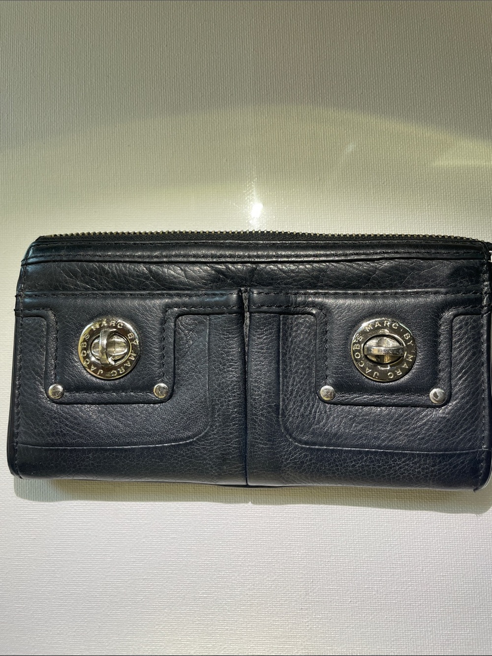 Marc Jacobs Black Leather Zip Wallet with Turn-Lock Accents - Flaws Present